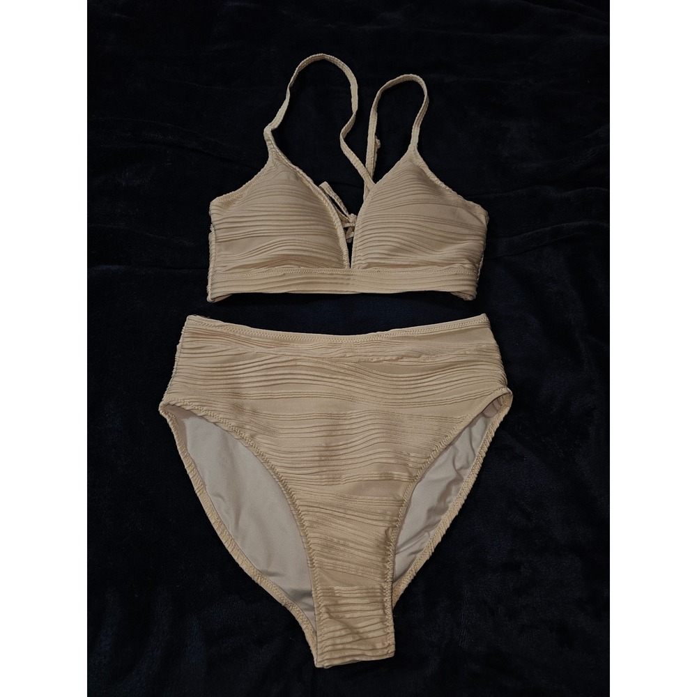 Bondi Born Cream Ribbed Triangle Bikini Set Two Piece Swimsuit Cream Medium